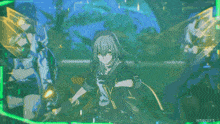 a girl with long blue hair is holding a sword in her hand .