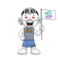 a cartoon character holding a miss you flag