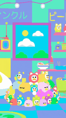 a bunch of cartoon characters are sitting in a room with a sign that says ' seoul ' on it