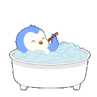a blue and white penguin is taking a bath in a tub