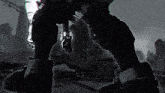 a black and white drawing of a person with a gun in their hand