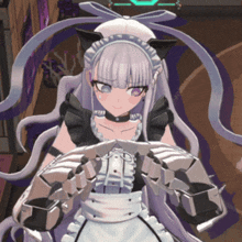 a girl with purple eyes and a maid outfit