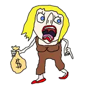 a cartoon drawing of a woman holding a bag of money with a dollar sign on it