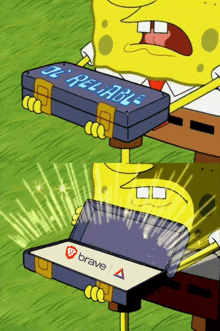 a cartoon of spongebob holding a toolbox that says brave