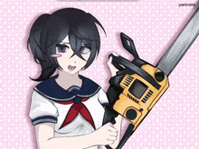 a drawing of a girl holding a chainsaw with pwimiimi in the corner