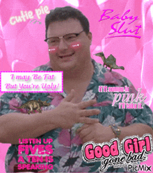 a man in a hawaiian shirt is surrounded by dinosaurs and the words " good girl "