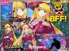 a picture of a blonde anime girl with the words bff on the top