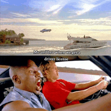 a man driving a car next to a boat that says girlflatm on it