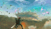 a computer generated image of a person in a field with a dragon in the background