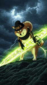 a dog wearing a dea hat is holding a large sword