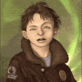 a young boy is wearing a brown jacket with a badge on the sleeve that says ' a ' on it .