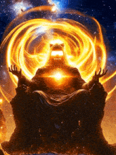 a painting of a man sitting in a chair with a glowing light behind him