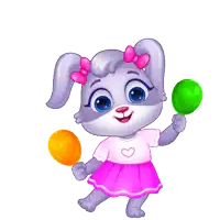 a cartoon bunny with a pink bow on her head holding two balloons