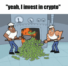 a cartoon says " yeah i invest in crypto " and has two men digging in a pile of money