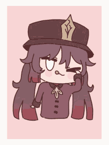 a drawing of a girl with long hair wearing a hat with the letter r on it