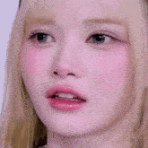 a close up of a woman 's face with blonde hair and pink cheeks .
