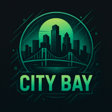 a city bay logo with a bridge and buildings