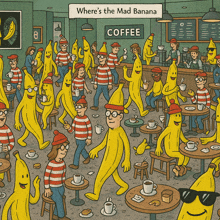 a bunch of bananas are gathered in a cafe called where 's the mad banana