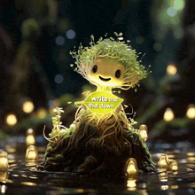 a cartoon character with a sign that says write that down on it