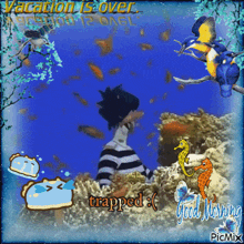 a picture of a man in a striped shirt surrounded by fish with the words trapped on the bottom