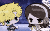 a boy and a girl are standing next to each other in the snow . the girl is holding a gift .