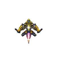 a pixel art drawing of a yellow and silver space ship flying through the air