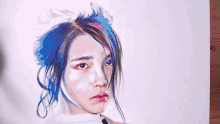 a drawing of a woman 's face with blue hair