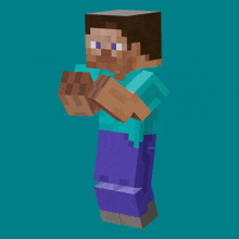 a minecraft character with purple eyes is walking on a blue background