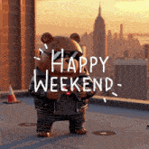a teddy bear wearing sunglasses and a leather jacket says " happy weekend "