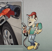 a cartoon of a man pumping gas next to a picture of a car