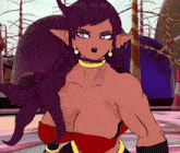 a cartoon drawing of a woman with purple hair and horns