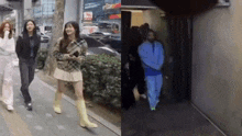 a group of women are walking down a sidewalk next to a man in a blue jacket .
