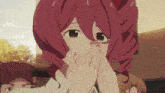 a cartoon girl with red hair is covering her face with her hands .