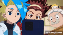 a group of anime characters looking at a cell phone with makeagif.com at the bottom
