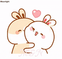 a cartoon of two rabbits kissing with the words moonlight above