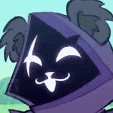a close up of a cartoon character wearing a purple hood with a smiling face on it .