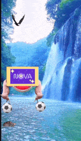 a picture of a waterfall with a nova sign on it