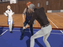 two men are fighting on a basketball court in a video game