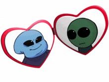 two heart shaped mirrors with cartoon aliens on them