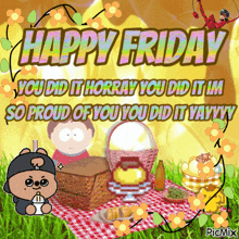 a picture of a picnic scene with the words happy friday