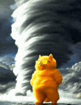 a yellow cat with sunglasses stands in front of a tornado