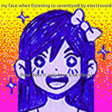 a picture of a girl with blue hair and a bow on her head