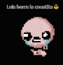 a pixel art of a crying baby with the words luis borra la cuentita below it