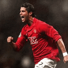 a soccer player in a red shirt is celebrating a goal on the field .