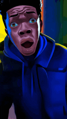 a cartoon of a man with a surprised look on his face wearing a blue jacket that says kith