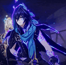 a person with a blue scarf around their neck holding a sword