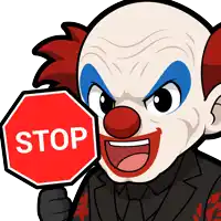a cartoon clown is holding a stop sign in his hand