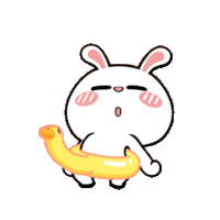 a cartoon bunny is holding a yellow rubber duck in its mouth