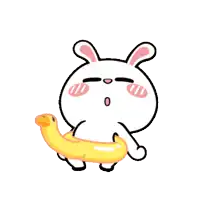 a cartoon bunny is holding a yellow rubber duck in its mouth