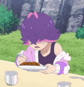 a cartoon girl with purple hair is eating a plate of food